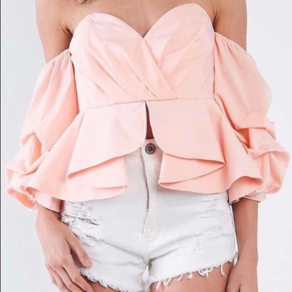 ‼️ Peach Puff Sleeve Peplum Top - Picture 3 of 4